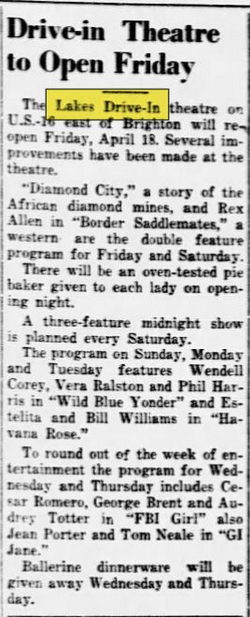 Apr 16 1952 article Lakes Drive-In Theatre, Brighton